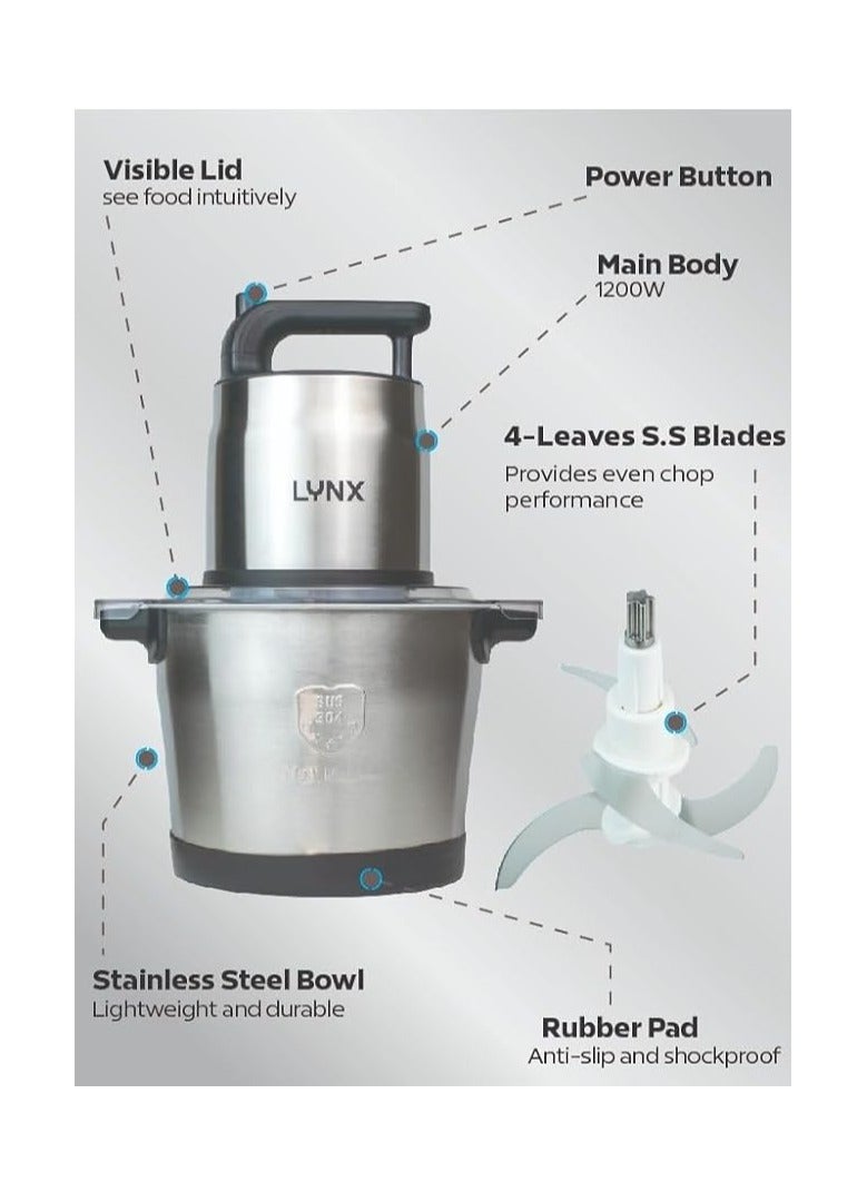 lynx Heavy-Duty Electric Meat Chopper 1200W – High-Performance 6.5L Stainless Steel Food Processor for Chopping, Mincing, and Grinding Meat, Vegetables, Fruits, and More  LY-CH-5007 - Image 3
