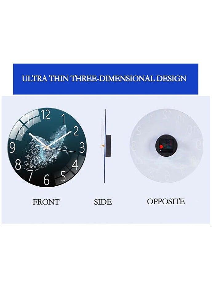 Raxoom 12 Inch (30CM) Wall Clock, Ultra-Thin Tempered Glass Clock, Suitable For Living Room, Dining Room, Study, Bedroom, Office, Battery Powered Non Tick Clock (butterfly) - Image 2