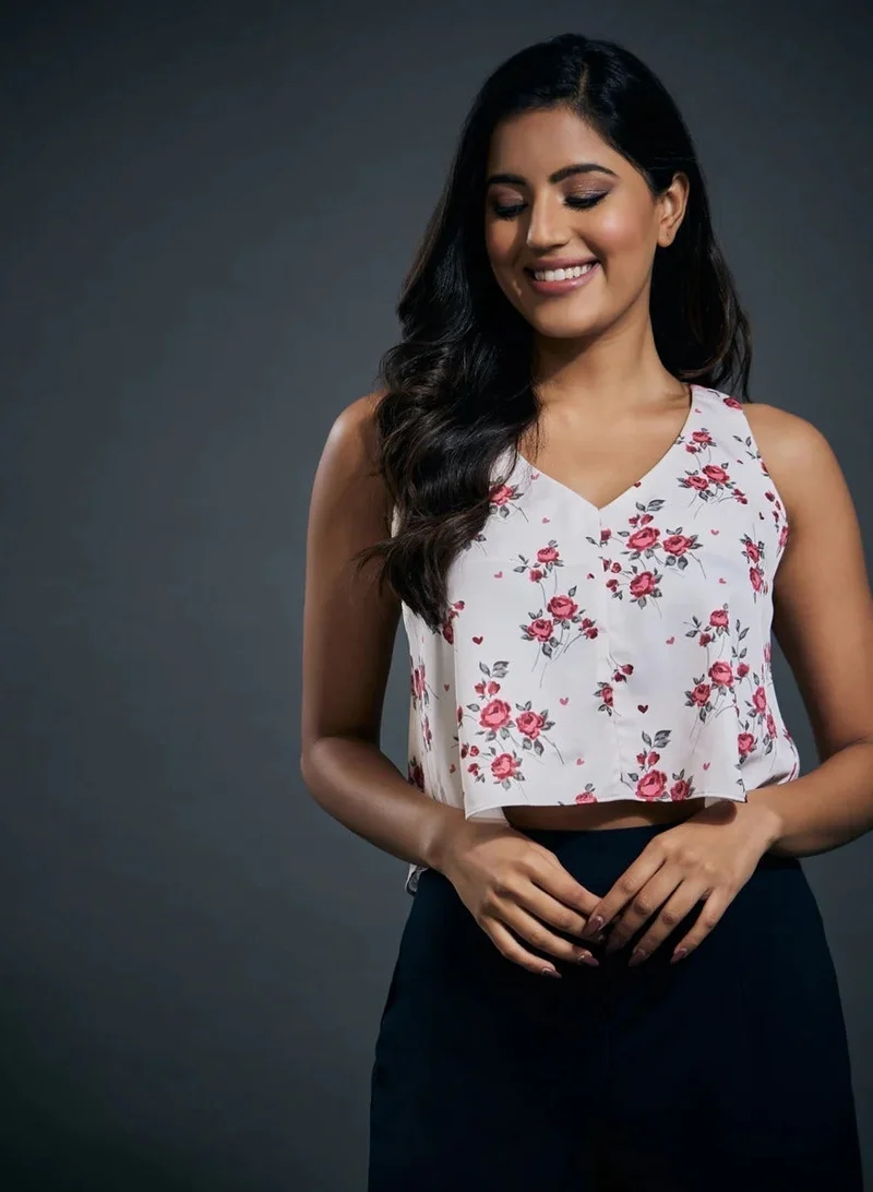 Zigzag Printed Vneck Floral Satin top