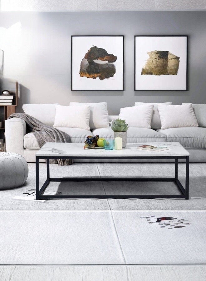 Mobellya EG Modern Minimalist Coffee Table with Marble Top and Black Metal Frame - Rectangular Design - Image 3