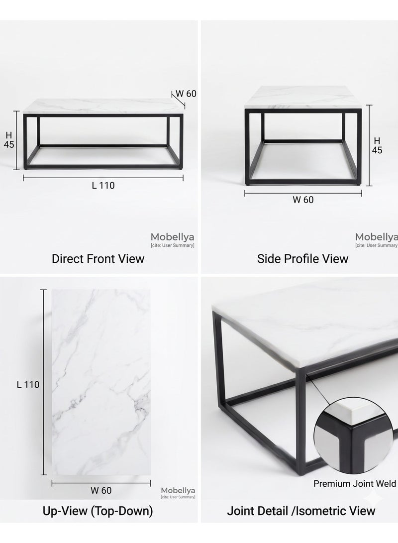 Mobellya EG Modern Minimalist Coffee Table with Marble Top and Black Metal Frame - Rectangular Design - Image 1