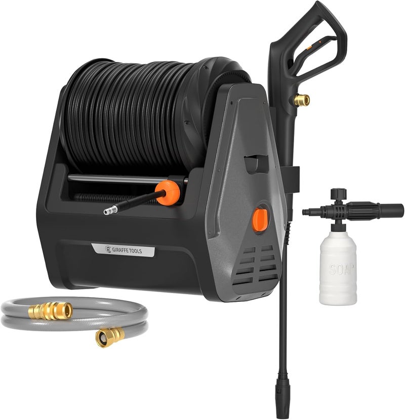 Giraffe Tools Grandfalls Pressure Washer Plus+, Wall Mounted Electric Power Washer, Max 2400 PSI, 2.0 GPM Car Washer Cleaner, 100ft Retractable Hose, Foam Cannon for Car Washing Black Hose - Image 1