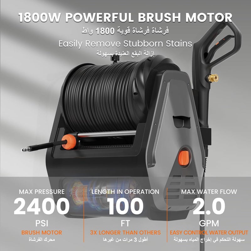 Giraffe Tools Grandfalls Pressure Washer Plus+, Wall Mounted Electric Power Washer, Max 2400 PSI, 2.0 GPM Car Washer Cleaner, 100ft Retractable Hose, Foam Cannon for Car Washing Black Hose - Image 2