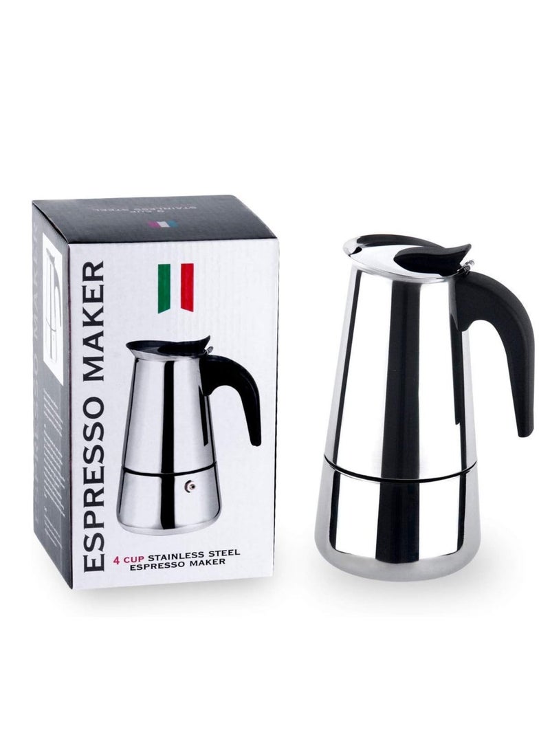 Stainless Steel Espresso Maker Coffee Pot, Italian Stovetop Coffee Filter (4 Cups - Silver) - Image 1