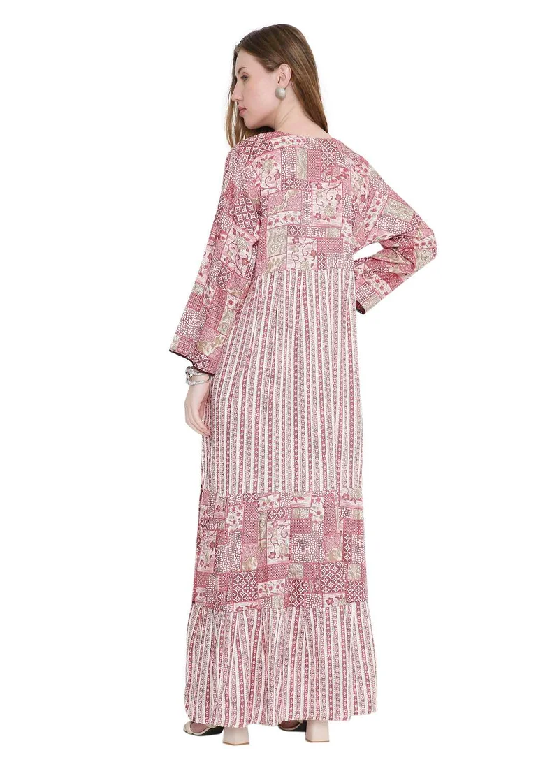 هانا آند سارا glamorous long viscose printed farasha with unique embroidered thread detailing arabic kaftan jalabiya dress