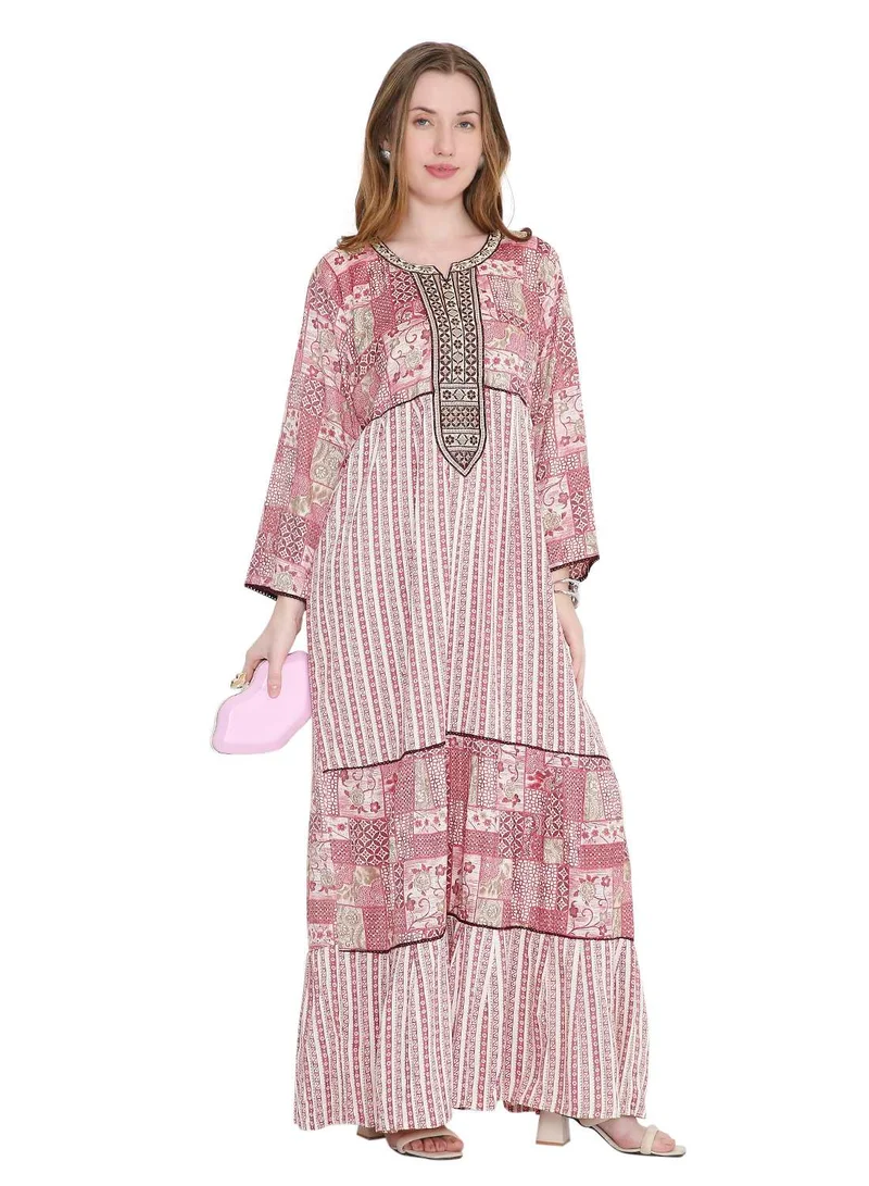 هانا آند سارا glamorous long viscose printed farasha with unique embroidered thread detailing arabic kaftan jalabiya dress