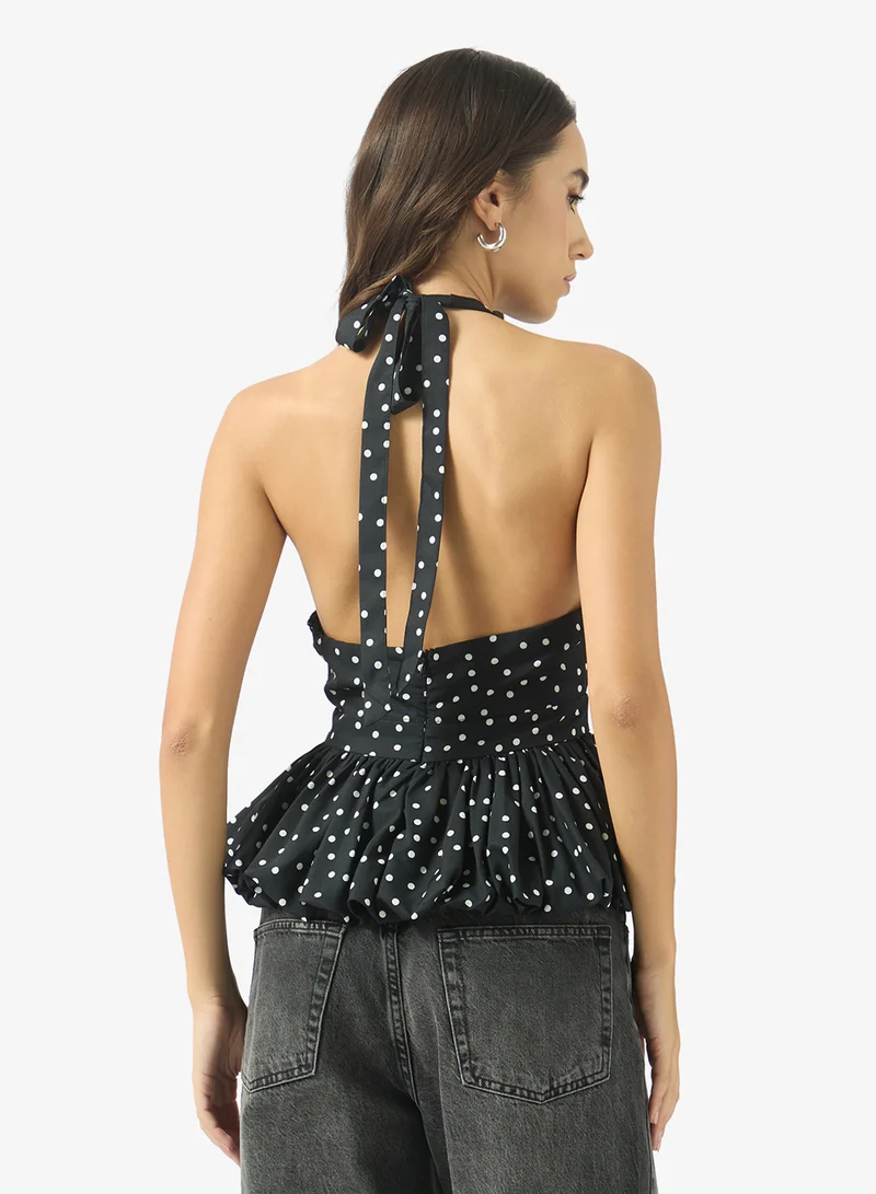 جينجر Halter Neck Polka Dot Top with Peplum