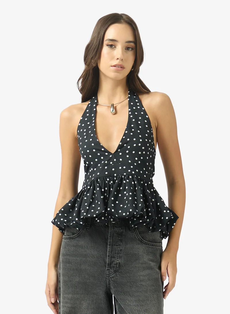 جينجر Halter Neck Polka Dot Top with Peplum