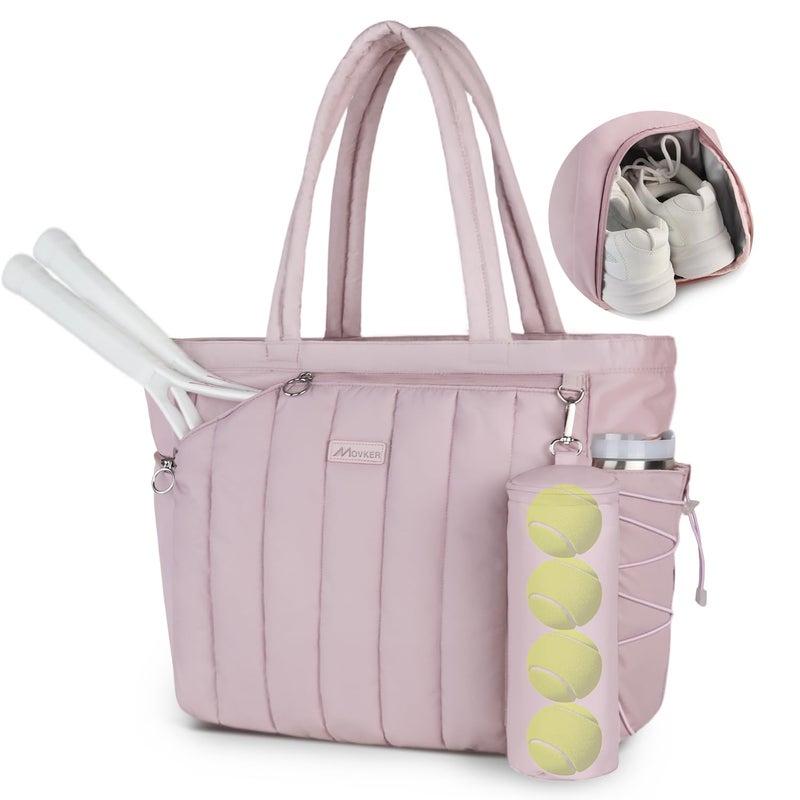 Movker Quilted Tennis Tote Bag for Women Gym Duffle Bag with Shoe Compartment & Wet Pocket Fits 2-4 Rackets and 15.6" Laptop Overnight Weekend Sports Bag with Fence Hook(Pink) - Image 1