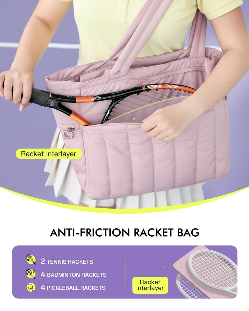 Movker Quilted Tennis Tote Bag for Women Gym Duffle Bag with Shoe Compartment & Wet Pocket Fits 2-4 Rackets and 15.6" Laptop Overnight Weekend Sports Bag with Fence Hook(Pink) - Image 2