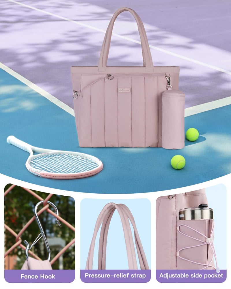 Movker Quilted Tennis Tote Bag for Women Gym Duffle Bag with Shoe Compartment & Wet Pocket Fits 2-4 Rackets and 15.6" Laptop Overnight Weekend Sports Bag with Fence Hook(Pink) - Image 5