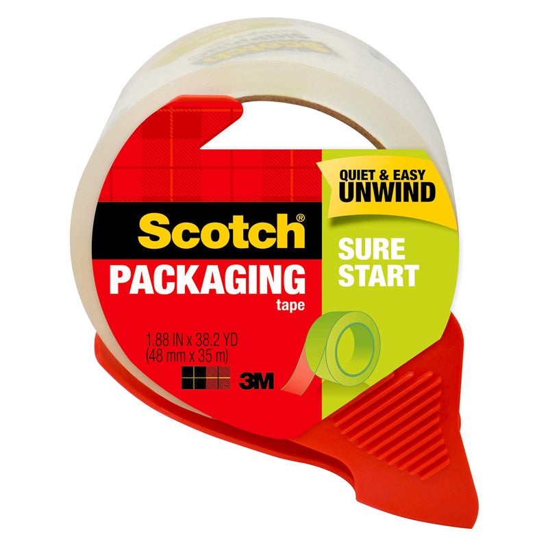 3M Scotch Sure Start Shipping Packaging Tape, 1.88"x 38.2 yd, Designed for Packing, Shipping and Mailing, Quiet Unwind, No Splitting or Tearing, 1.5" Core, Clear, 1 Dispensered Roll - Image 1