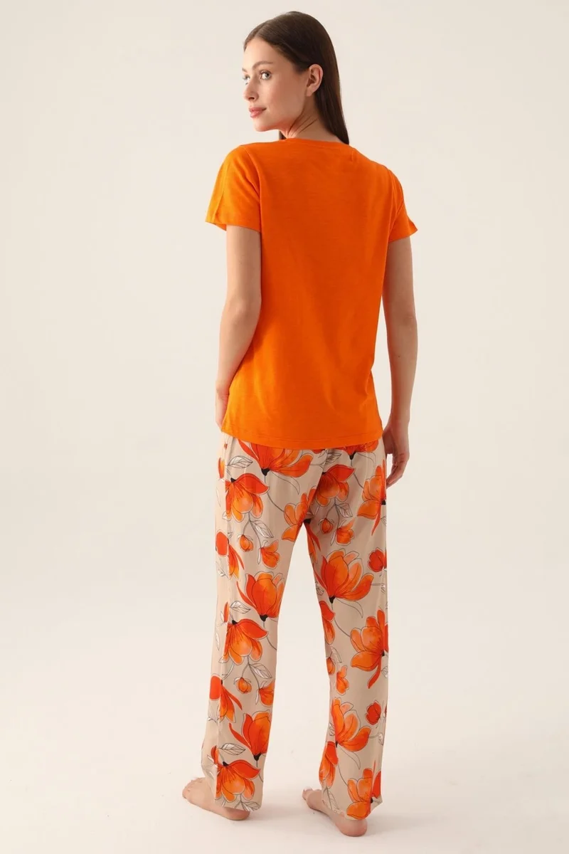 بيير كاردان Women's Short Sleeve Orange Pajama Set, Round Neck, Bottom Pajamas with Pocket, 100% Cotton