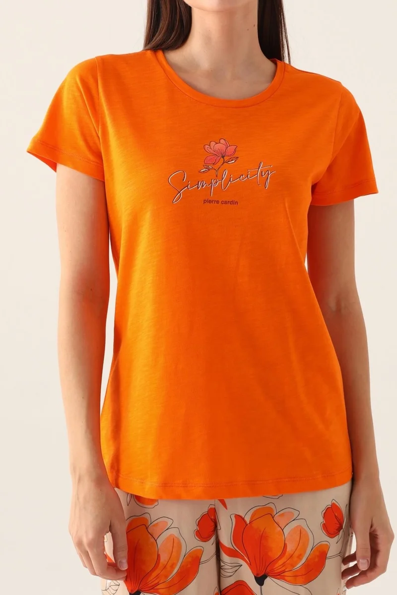 بيير كاردان Women's Short Sleeve Orange Pajama Set, Round Neck, Bottom Pajamas with Pocket, 100% Cotton