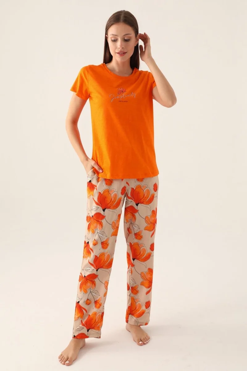 بيير كاردان Women's Short Sleeve Orange Pajama Set, Round Neck, Bottom Pajamas with Pocket, 100% Cotton
