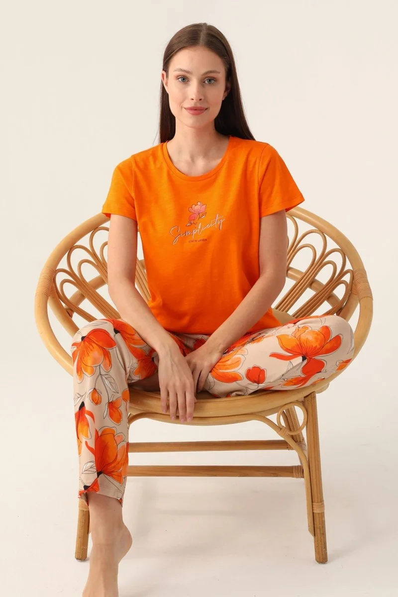 بيير كاردان Women's Short Sleeve Orange Pajama Set, Round Neck, Bottom Pajamas with Pocket, 100% Cotton