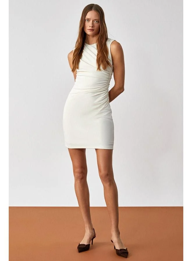 GRIMELANGE DRUID Women's Bicycle Neck Slim Mini Sleeveless Cream Dress.