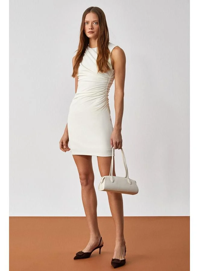 GRIMELANGE DRUID Women's Bicycle Neck Slim Mini Sleeveless Cream Dress.