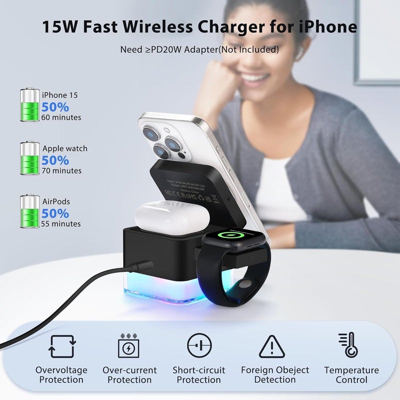 SYOSI Magnetic 3-in-1 Wireless Charging Station, 15W Foldable Fast Charger for iPhone 16/15/14/13/12 Max/Pro/Plus, Compatible with IWatch and AirPods 4/3 Pro, Black(No Adapter) - Image 2