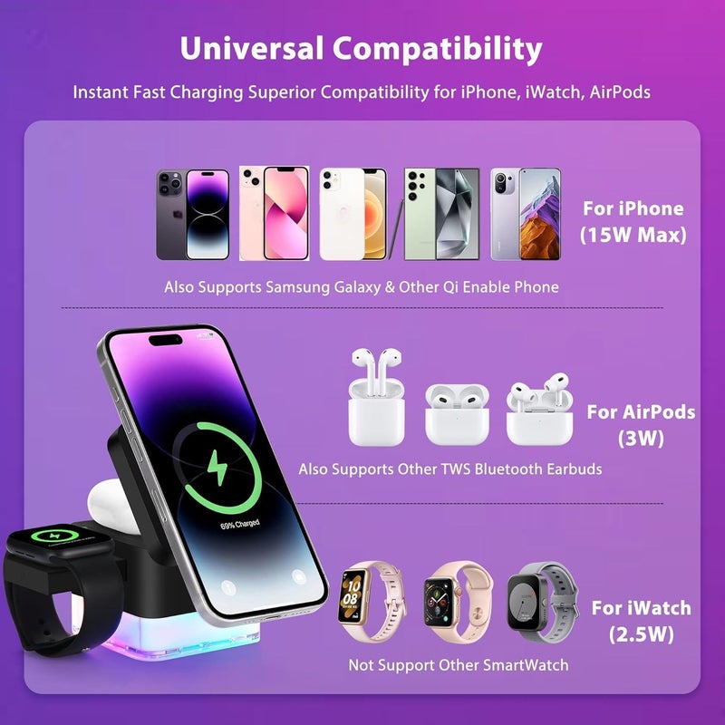 SYOSI Magnetic 3-in-1 Wireless Charging Station, 15W Foldable Fast Charger for iPhone 16/15/14/13/12 Max/Pro/Plus, Compatible with IWatch and AirPods 4/3 Pro, Black(No Adapter) - Image 4