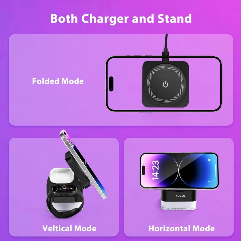 SYOSI Magnetic 3-in-1 Wireless Charging Station, 15W Foldable Fast Charger for iPhone 16/15/14/13/12 Max/Pro/Plus, Compatible with IWatch and AirPods 4/3 Pro, Black(No Adapter) - Image 3