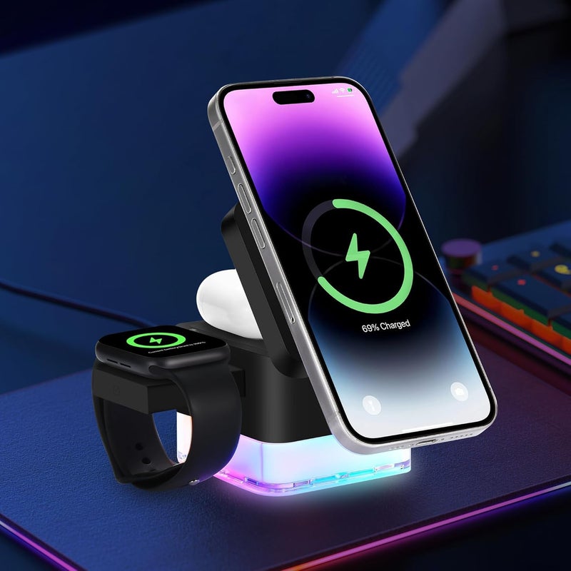 SYOSI Magnetic 3-in-1 Wireless Charging Station, 15W Foldable Fast Charger for iPhone 16/15/14/13/12 Max/Pro/Plus, Compatible with IWatch and AirPods 4/3 Pro, Black(No Adapter) - Image 5