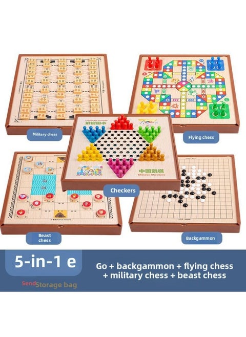 Multi-functional One Chessboard Flying Chess Checkers Backgammon Go Card Beasts Chess Children's Toys Foreign Trade-Color:Five-in-one [large Size] Checkers + Five + Flying + Army + Fighting