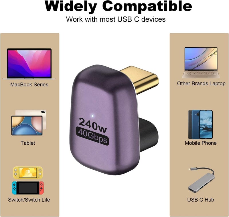 Microware محول USB C بزاوية 180 درجة 240 واط، محول USB C على شكل U بسرعة 40 جيجابت في الثانية، موصل USB C بزاوية 180 درجة لدعم عرض الفيديو والصوت بدقة 8K للكمبيوتر المحمول، ماك بوك، ثندربولت 4/3 - Image 2