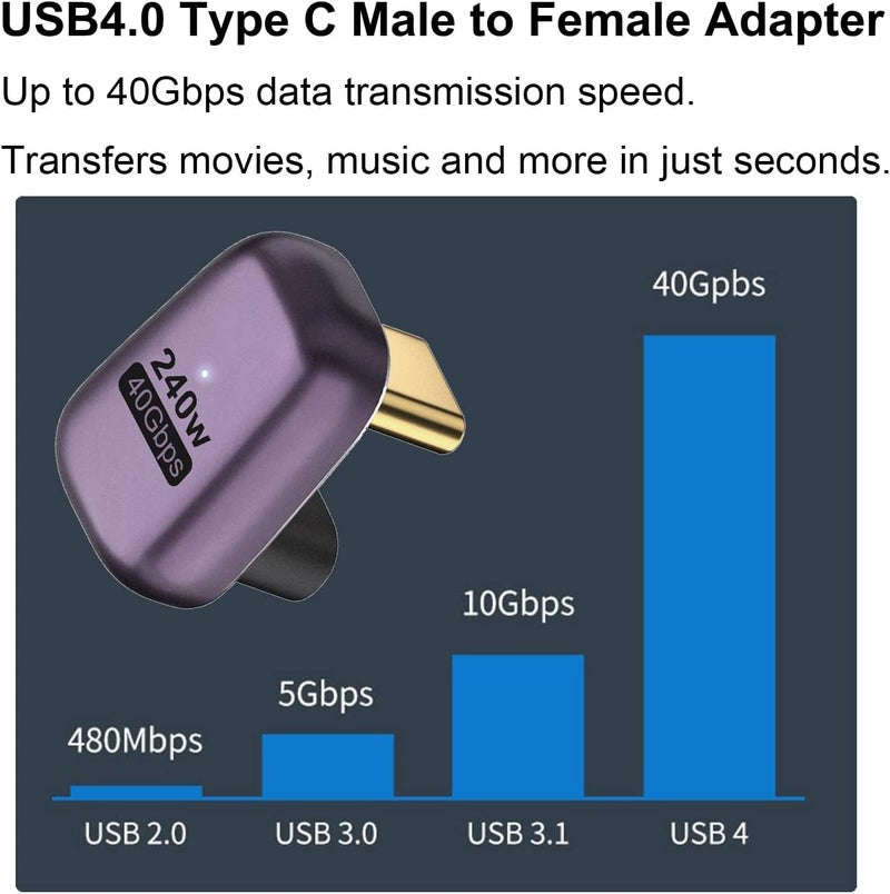 Microware محول USB C بزاوية 180 درجة 240 واط، محول USB C على شكل U بسرعة 40 جيجابت في الثانية، موصل USB C بزاوية 180 درجة لدعم عرض الفيديو والصوت بدقة 8K للكمبيوتر المحمول، ماك بوك، ثندربولت 4/3 - Image 3