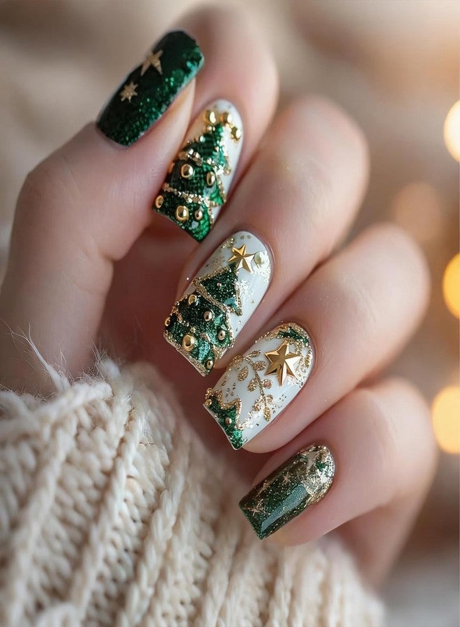 KKUUOO Christmas Green Press on Nails, Medium Square Fake Nails with 3D Christmas Tree Design, Reusable, Glossy Stick Acrylic on Nails for Women Girls, Full Cover, 24Pcs - Image 1