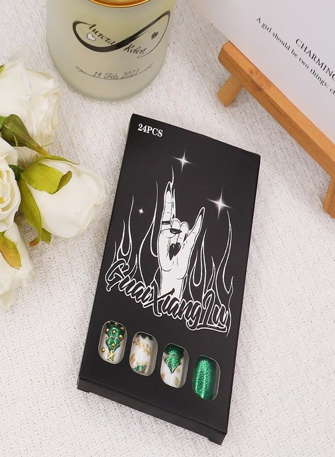 KKUUOO Christmas Green Press on Nails, Medium Square Fake Nails with 3D Christmas Tree Design, Reusable, Glossy Stick Acrylic on Nails for Women Girls, Full Cover, 24Pcs - Image 5
