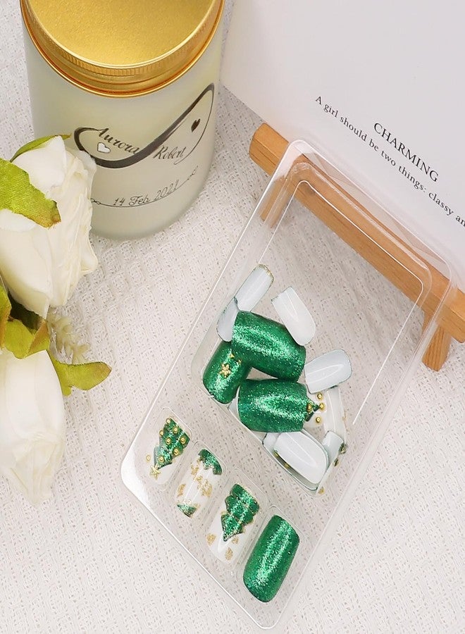 KKUUOO Christmas Green Press on Nails, Medium Square Fake Nails with 3D Christmas Tree Design, Reusable, Glossy Stick Acrylic on Nails for Women Girls, Full Cover, 24Pcs - Image 3
