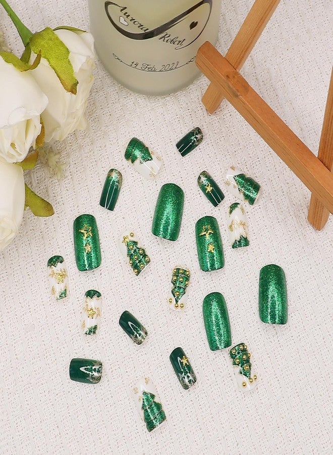 KKUUOO Christmas Green Press on Nails, Medium Square Fake Nails with 3D Christmas Tree Design, Reusable, Glossy Stick Acrylic on Nails for Women Girls, Full Cover, 24Pcs - Image 4