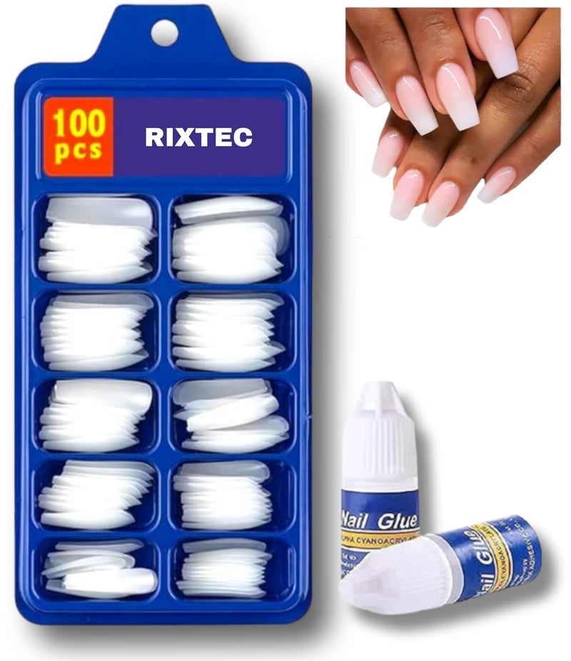 RIXTEC Professional 100Piece Artificial Nails Set 100 White nail with 1 Nail Glue Combo Nail Salon Quality - Image 1