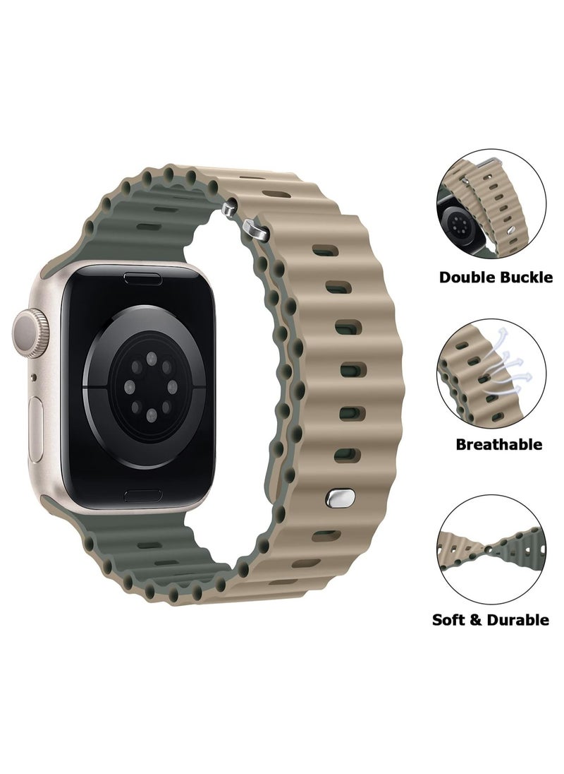 Color Fans - Apple Watch Ocean Band 41mm 40mm 38mm for Men Women, Soft Silicone Sport Band Replacement Strap for Apple Watch Ultra iWatch Series 8 7 SE 6 5 4 3 2 1 Khalki-green - Image 1