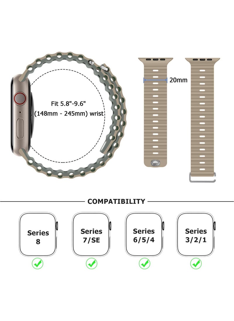 Color Fans - Apple Watch Ocean Band 41mm 40mm 38mm for Men Women, Soft Silicone Sport Band Replacement Strap for Apple Watch Ultra iWatch Series 8 7 SE 6 5 4 3 2 1 Khalki-green - Image 1