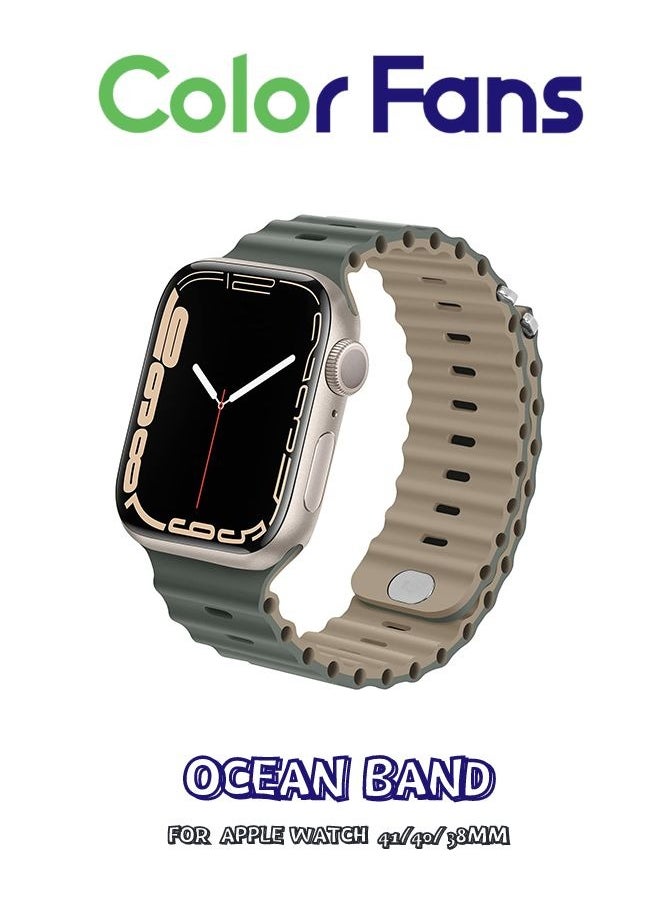 Color Fans - Apple Watch Ocean Band 41mm 40mm 38mm for Men Women, Soft Silicone Sport Band Replacement Strap for Apple Watch Ultra iWatch Series 8 7 SE 6 5 4 3 2 1 Khalki-green - Image 1