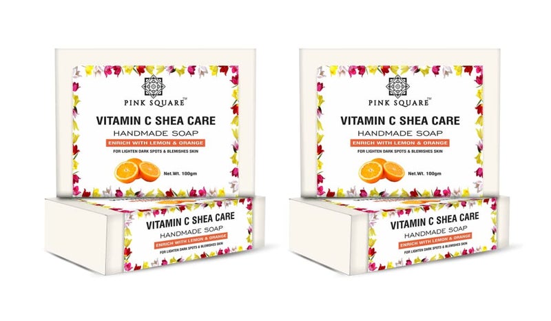 Pink Square Handmade Soap Vitamin C Bathing Bar Enrich with Lemon Orange and Shea Butter Pack of 2 of 100 Grams200 Grams - Image 1