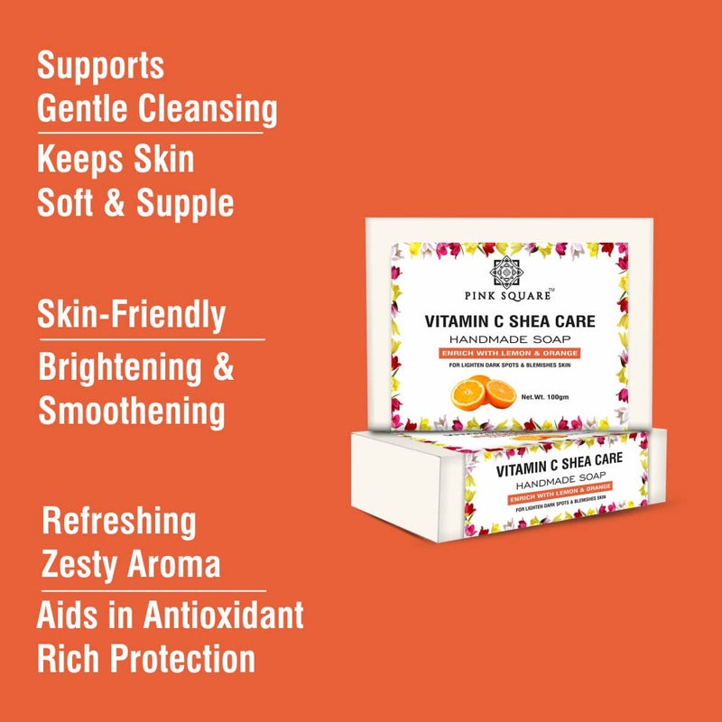 Pink Square Handmade Soap Vitamin C Bathing Bar Enrich with Lemon Orange and Shea Butter Pack of 2 of 100 Grams200 Grams - Image 4