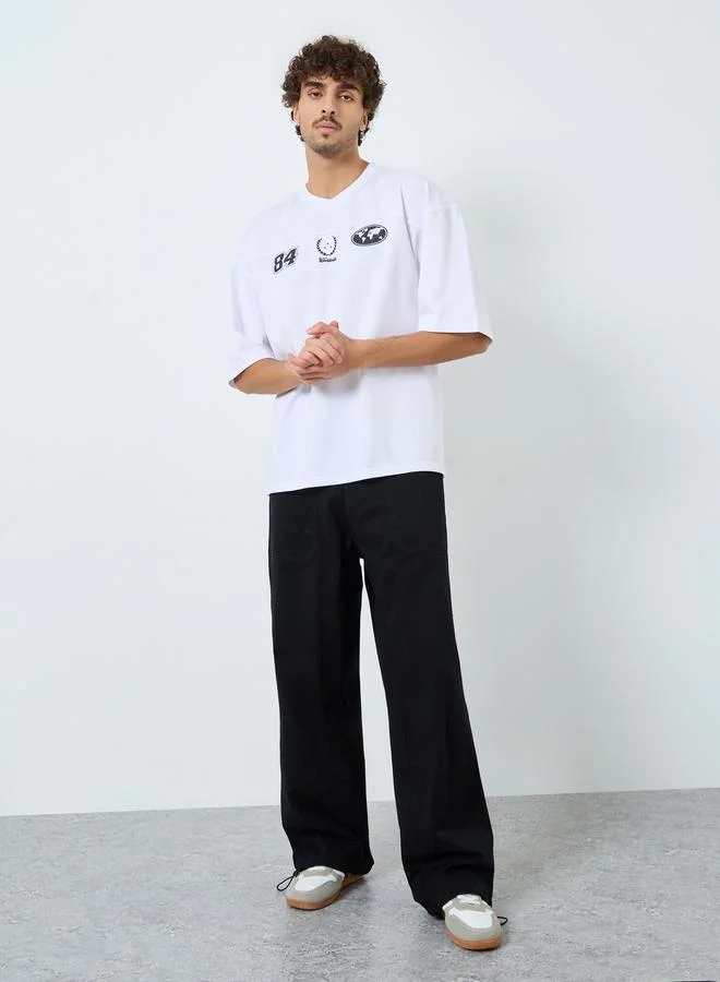Styli Styli Men White Terry Printed Cut and Sew Panel Boxy T-Shirt