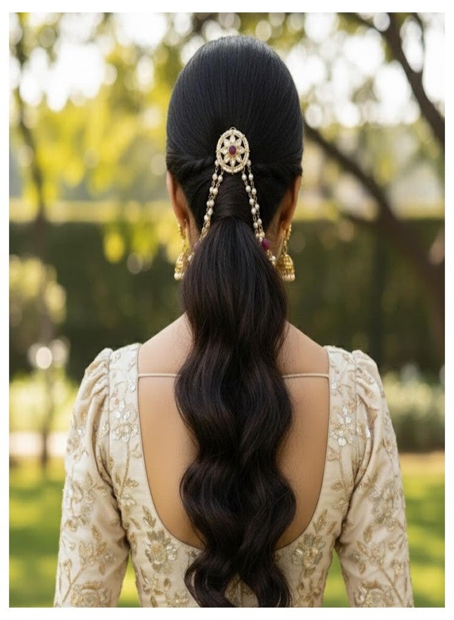MILAPARK CRAFTS Bridal Hair Clip Gold Plated Red Kundan and Pearl Juda Accessory with Ghungroo | Traditional Temple Jewellery for Wedding Bun and Festive Hairstyles (1-Piece) - Image 5