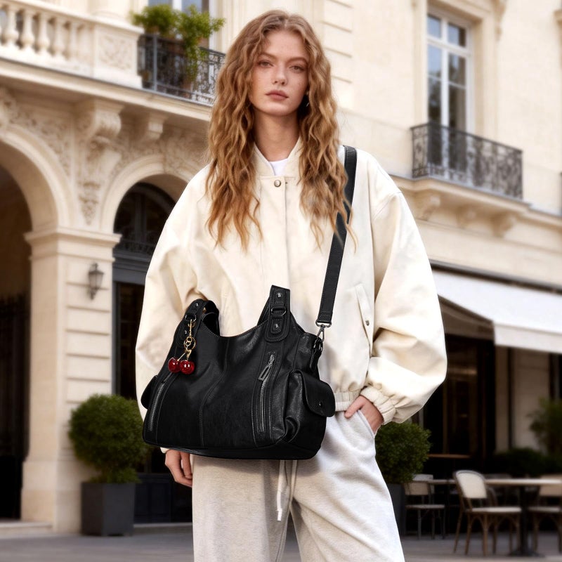BBIQI Slouchy Hobo Shoulder Bag for Women Soft Leather Purse and Handbags Punk Style Tote Bag Crossbody Y2k Bags (Black) - Image 3