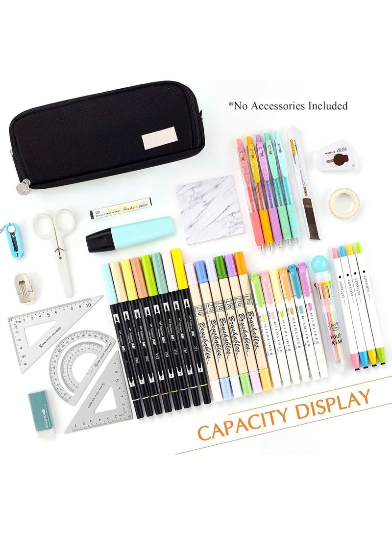 حقيبة أقلام كبيرة السعة بثلاثة أقسام، حقيبة أقلام للمدرسة، للفتيات والمراهقين والرجال والنساء، سوداء، خفيفة الوزن، للسفر - Image 2