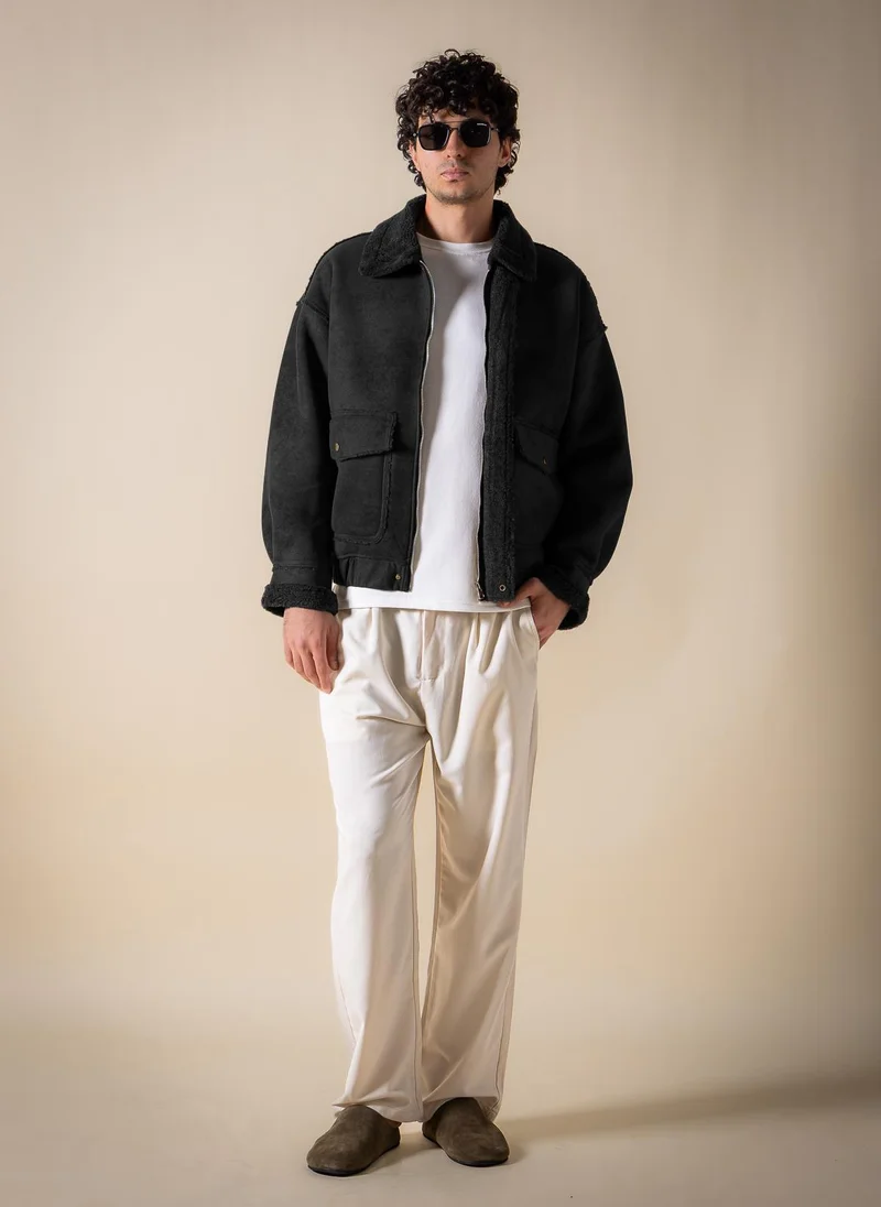 Shapes Black FAUX FUR ZIP-UP JACKET for Men | Best Price UAE