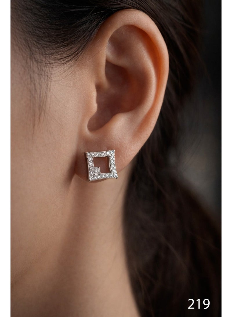 3Diamonds Platinum & Rhodium Plated Square Stud Earrings Zircon Sparkle - Image 2