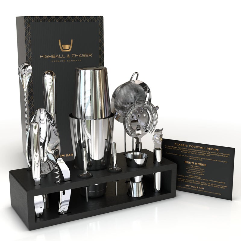 Highball Chaser 13Piece Boston Cocktail Shaker Set Stainless Steel Mixology Bartender Kit With Stand For Home Bar Cocktail Set Laser Engraved Cocktail Tools Plus EBook with 30 Cocktail Recipes