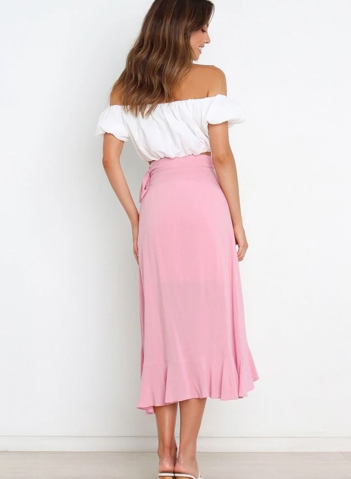 Loquat Women's Solid Color Ruffle Wrap Skirt Tie Waist Boho High Low Asymmetrical Midi Skirt Pink  - Image 2
