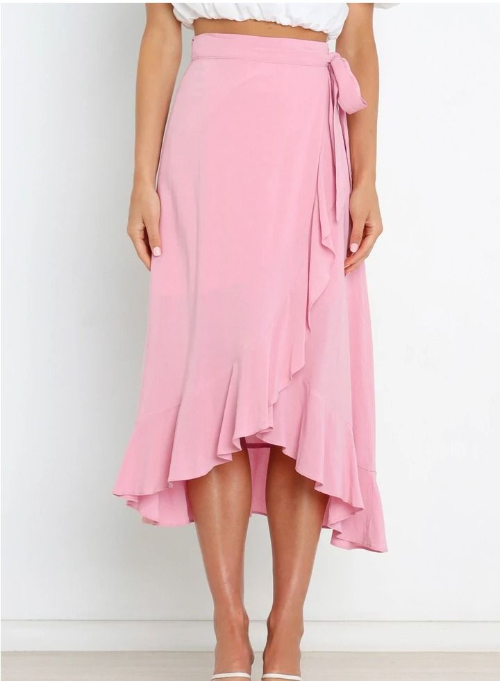 Loquat Women's Solid Color Ruffle Wrap Skirt Tie Waist Boho High Low Asymmetrical Midi Skirt Pink  - Image 1