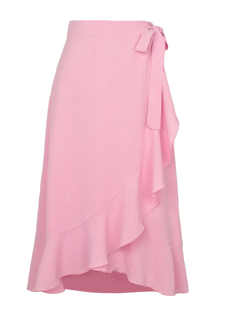 Loquat Women's Solid Color Ruffle Wrap Skirt Tie Waist Boho High Low Asymmetrical Midi Skirt Pink  - Image 3