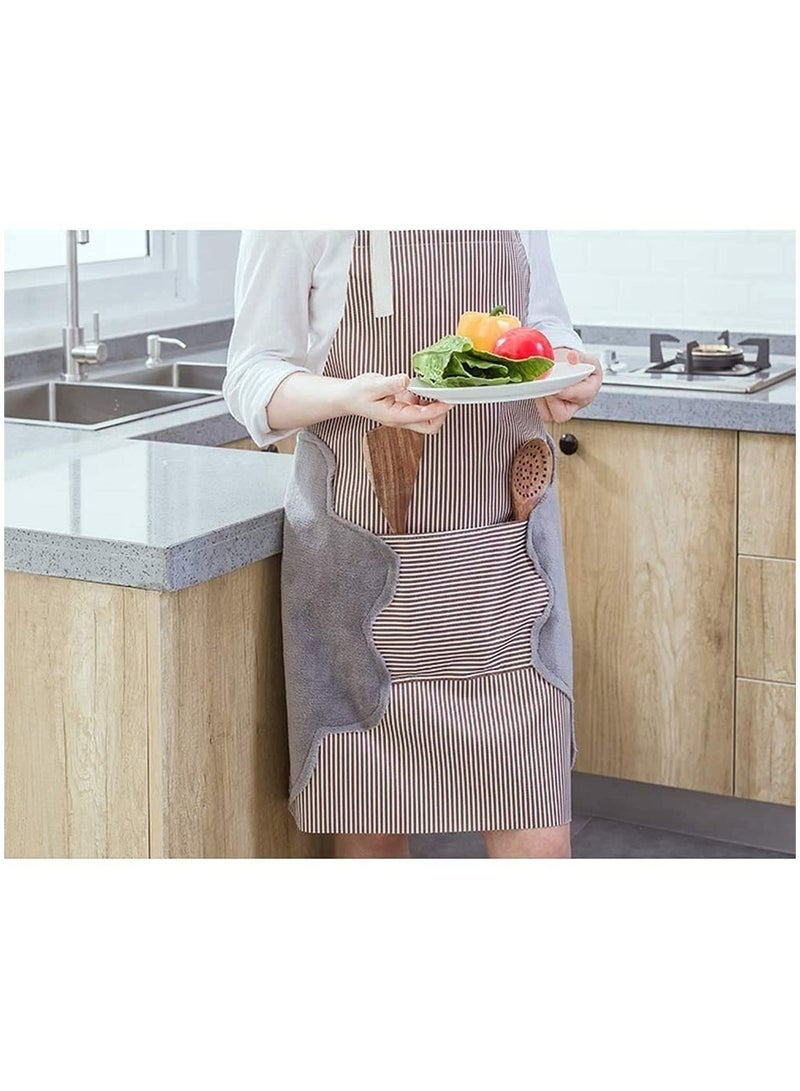 viola Bib Apron with 2 Pockets, Adjustable Kitchen Aprons, Side Wipe Hands Coral Velvet Towels Stitched Pinstripe Waterproof Cooking Baking Aprons Unisex (Brown) - Image 5
